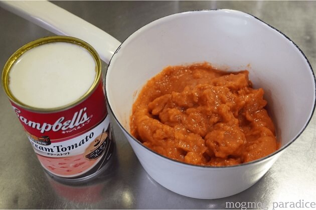 クリームトマト缶と缶一杯分の牛乳だけでつくれる